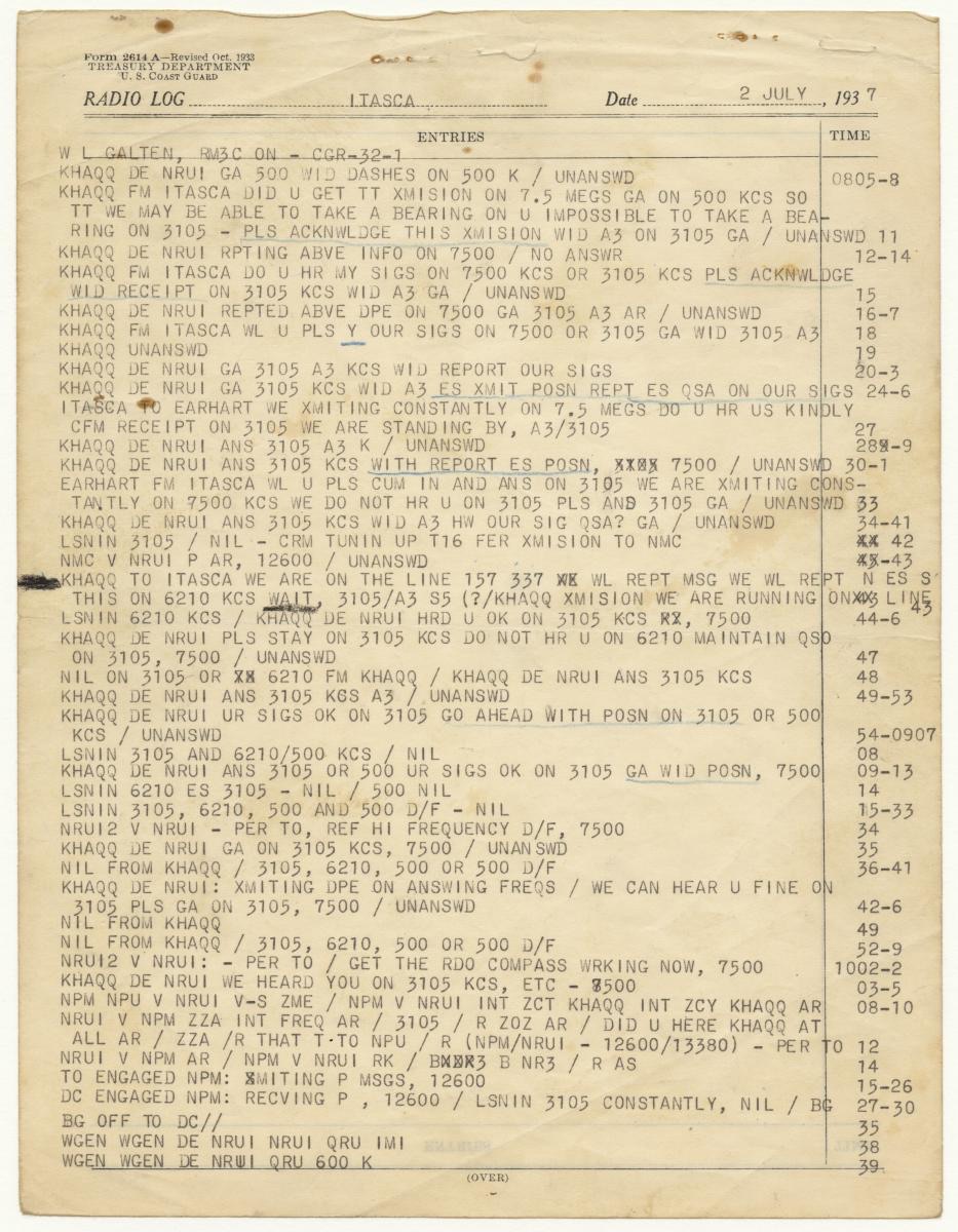 The Itasca radio log for 2 July 1937, a typed Coast Guard form with the entries running down the left and times down the right.